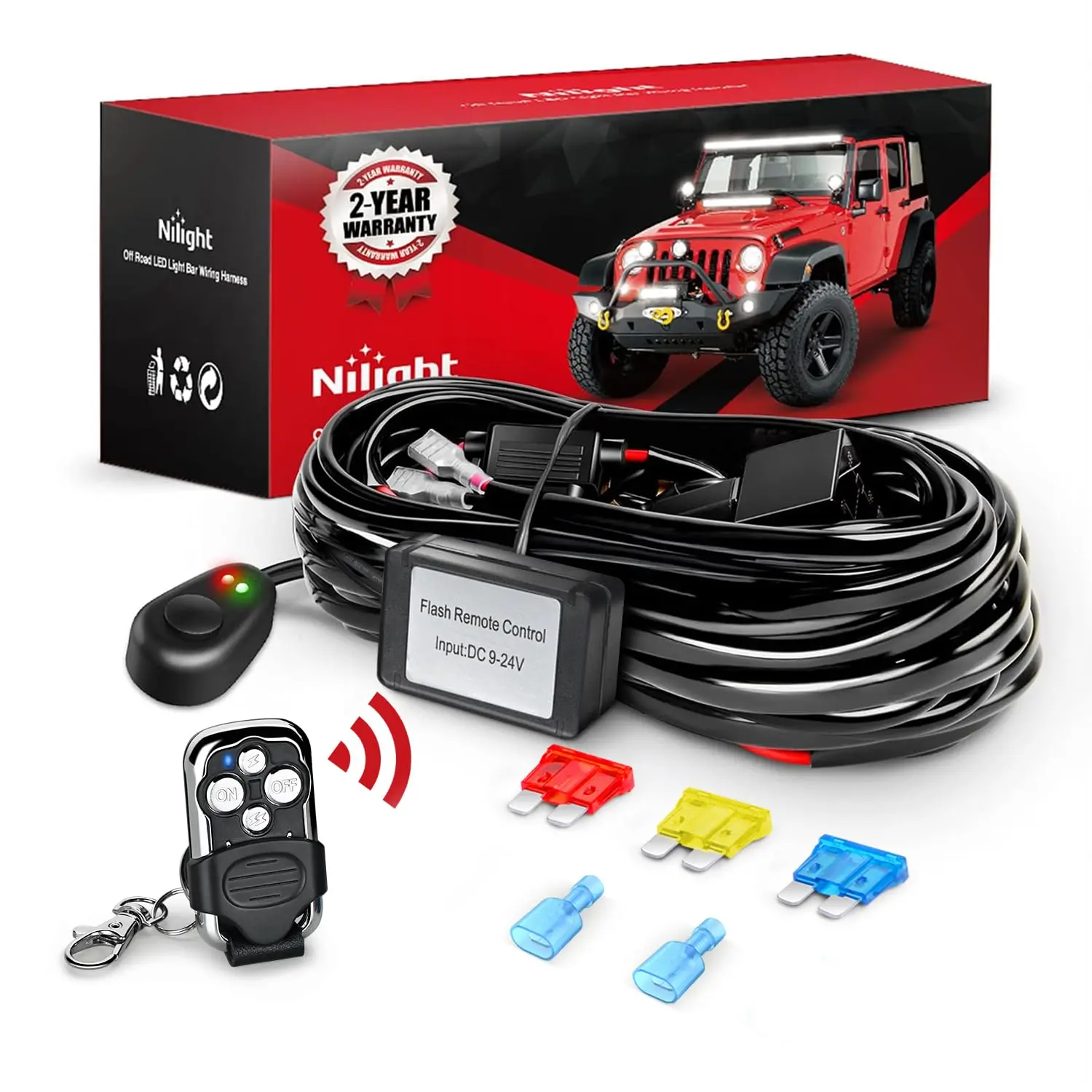 Nilight 12V 20A 14AWG Remote Wiring Harness for LED Light Bar - Wireless Control, Waterproof Power Relay, Blade Fuse, On-Off Switch for Cars, Boat, Truck, ATV, Van Flash Work/Driving Lights - 1 Lead, 14Awg-1 Lead Remote +Flash