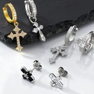 Hiphop Cross Hoop Earrings for Men Women,Crystal Zircon Inlay Metal Cross Huggies Earrings,Cool Pop Punk Jewelry Gift