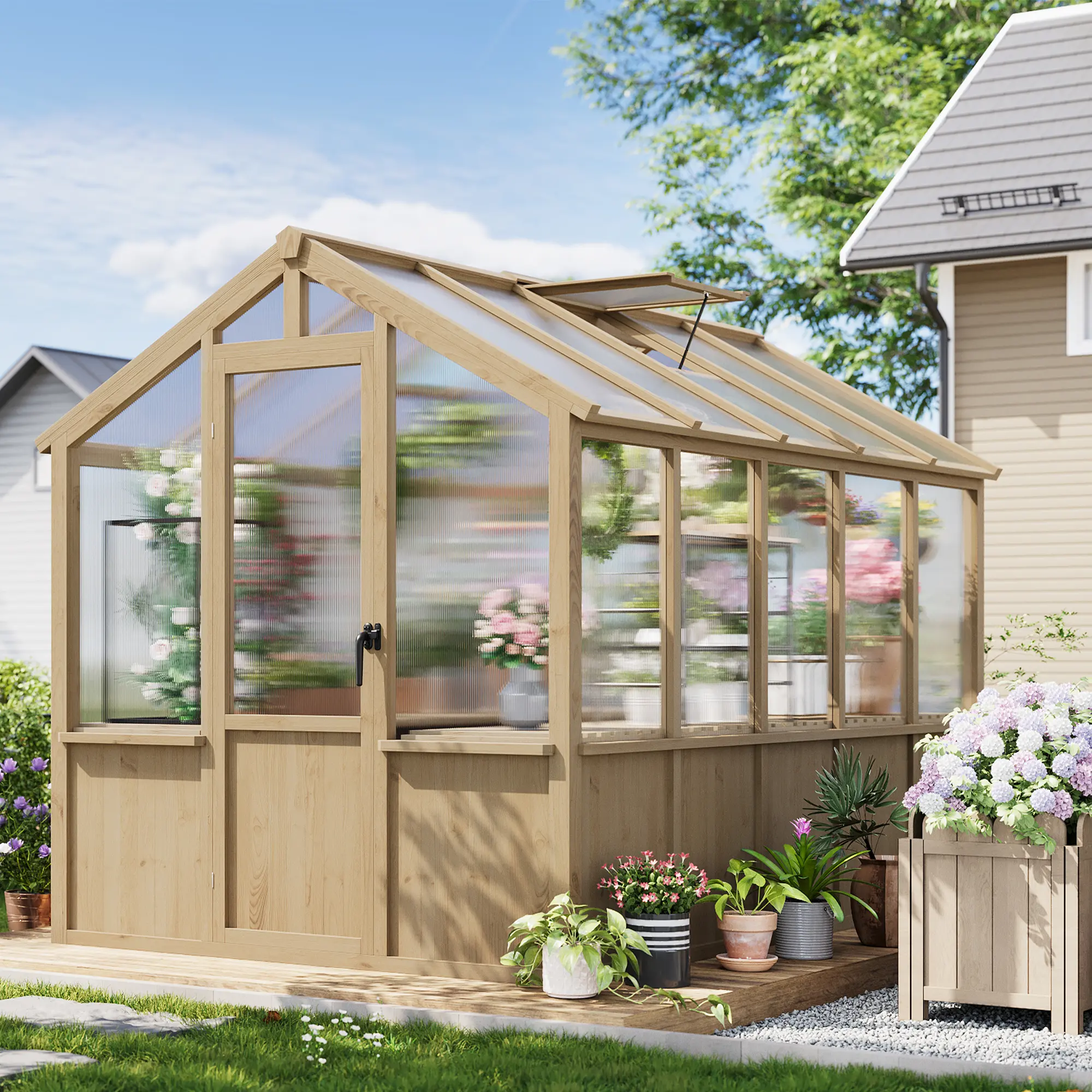 6x10 FT Heavy-Duty Freestanding Spruce Wood Greenhouse, Walk-In Outdoor Garden Storage with Polycarbonate Panels, Adjustable Roof Vents, Lockable Door, UV Blocking, Rustic Look, Plant Protection & Assembly Required for Gardens, Backyards