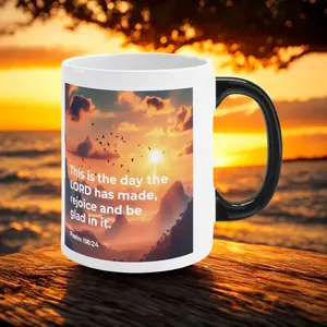 Joyful Morning Ceramic Coffee Mug with Psalm 118:24, Christian Bible Verse Cup, Faith Scripture Gift for Prayer, Inspiration, and Coffee