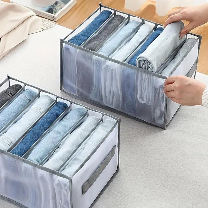Jeans Storage Box, 2 Counts 7 Grid Divided Compartments Jeans Drawer Divider, Clothes Storage Box with Handle, Home Organizer for Jeans, T-shirts and Foldable Clothes, Fabric Storage Organizer, Compartment Containers