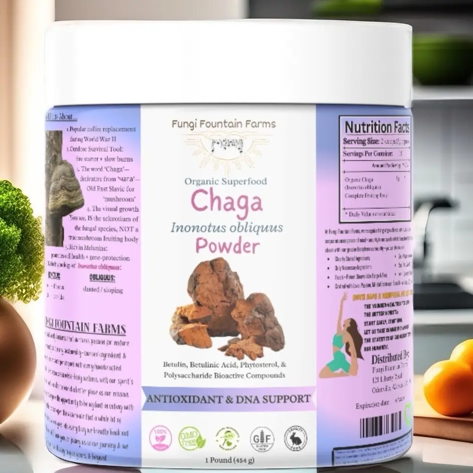 Organic Chaga (Inonotus obliquus) Mushroom Powder by Fungi Fountain Farms Vitamin Probiotics Melanin Healthcare Edible Supplement Dietary Fitness Optimum