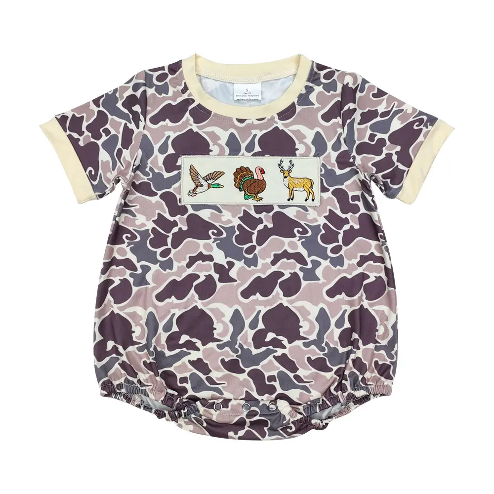 Baby Boy Camouflage Bubble Romper - Soft Casual Short-Sleeve Crew Neck Outfit with Embroidered Duck, Turkey, Deer, Baby Boy Clothes, Machine Wash, Soft Fabric