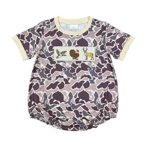 Baby Boys Camo Bubble Romper | Embroidered Duck Turkey Deer Outfit | Soft Summer Hunting Style Onesie