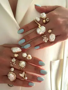 Elegant Floral Faux Pearl Accents Ring Set, Zinc Alloy Wide Band Design Women's Rings, Multiple Statement Rings Included, All-Season Party Jewelry Gift, Fashion Ring