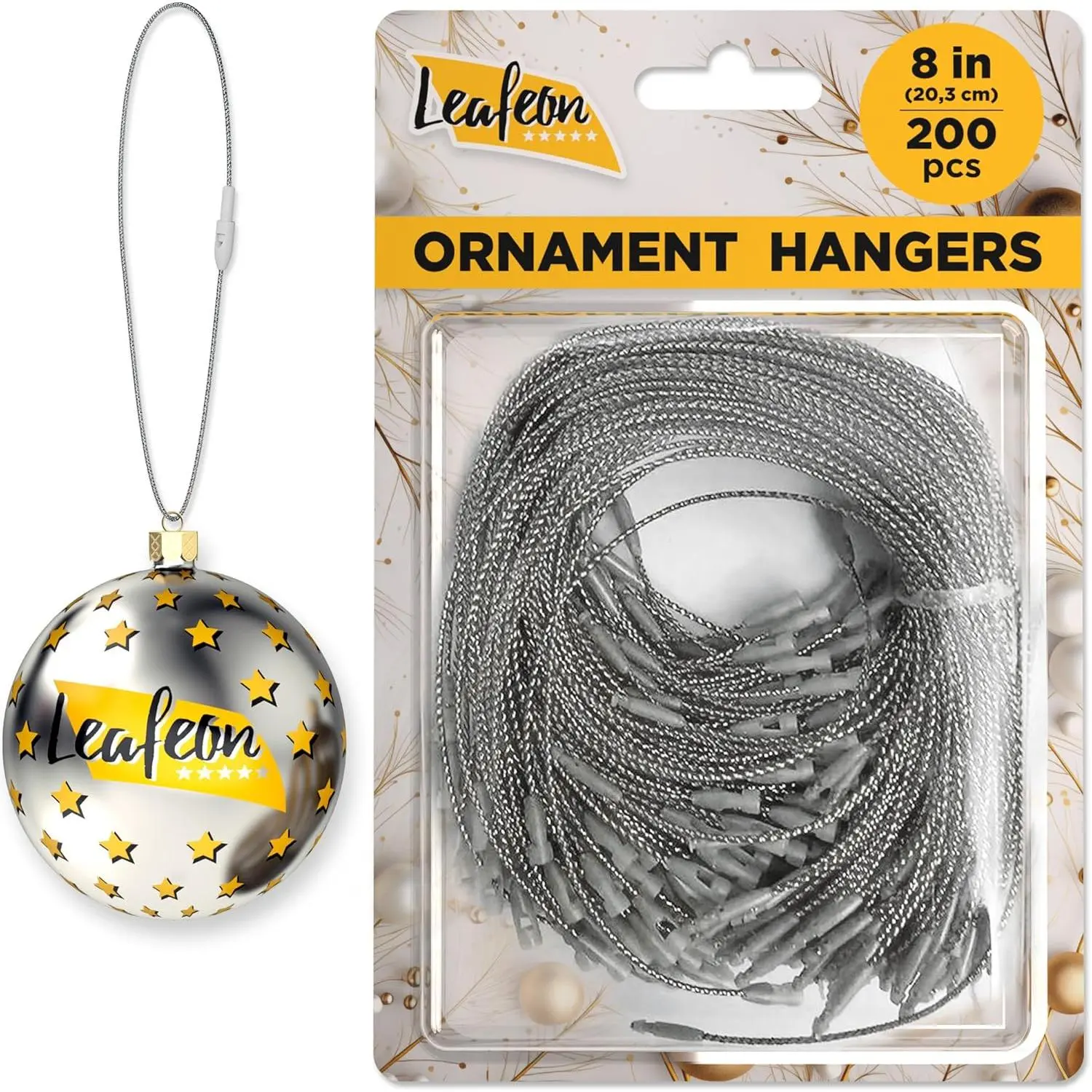 200 pcs Silver Ornament Hangers Hooks & String for Christmas Tree Decoration Holiday Party