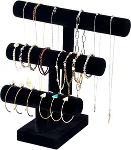 Black 3 Tier T Bar Jewelry Display Stand - Bracelet Organizer Holder for Necklaces, Bangles, Scrunchies and Watches Storage Display