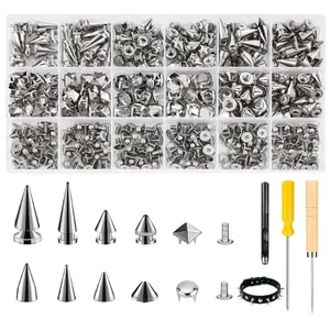 455PCS Punk Spikes and Studs Kit for Clothing, 12 Sizes Premium Metal Cone Spikes, Square Pyramid Studs & Round Dome Rivets for Leathercraft and Punk Style DIY Craft Decoration