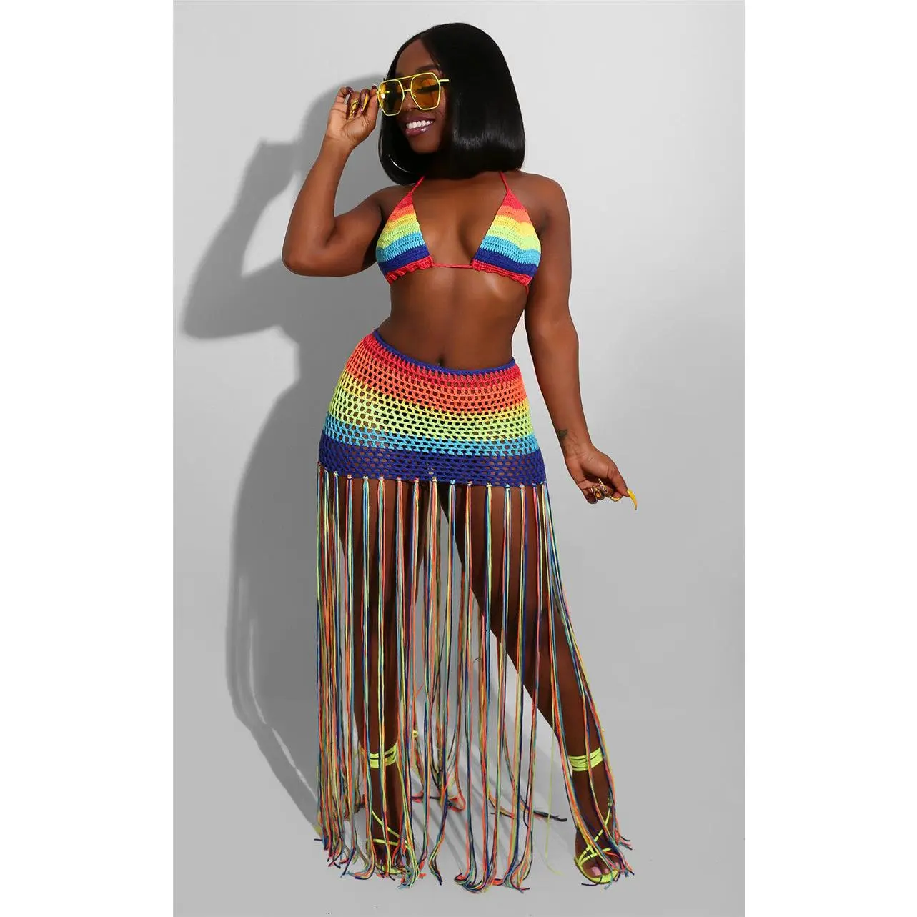 Rainbow Crochet Tassel Sexy 2 Piece Set
