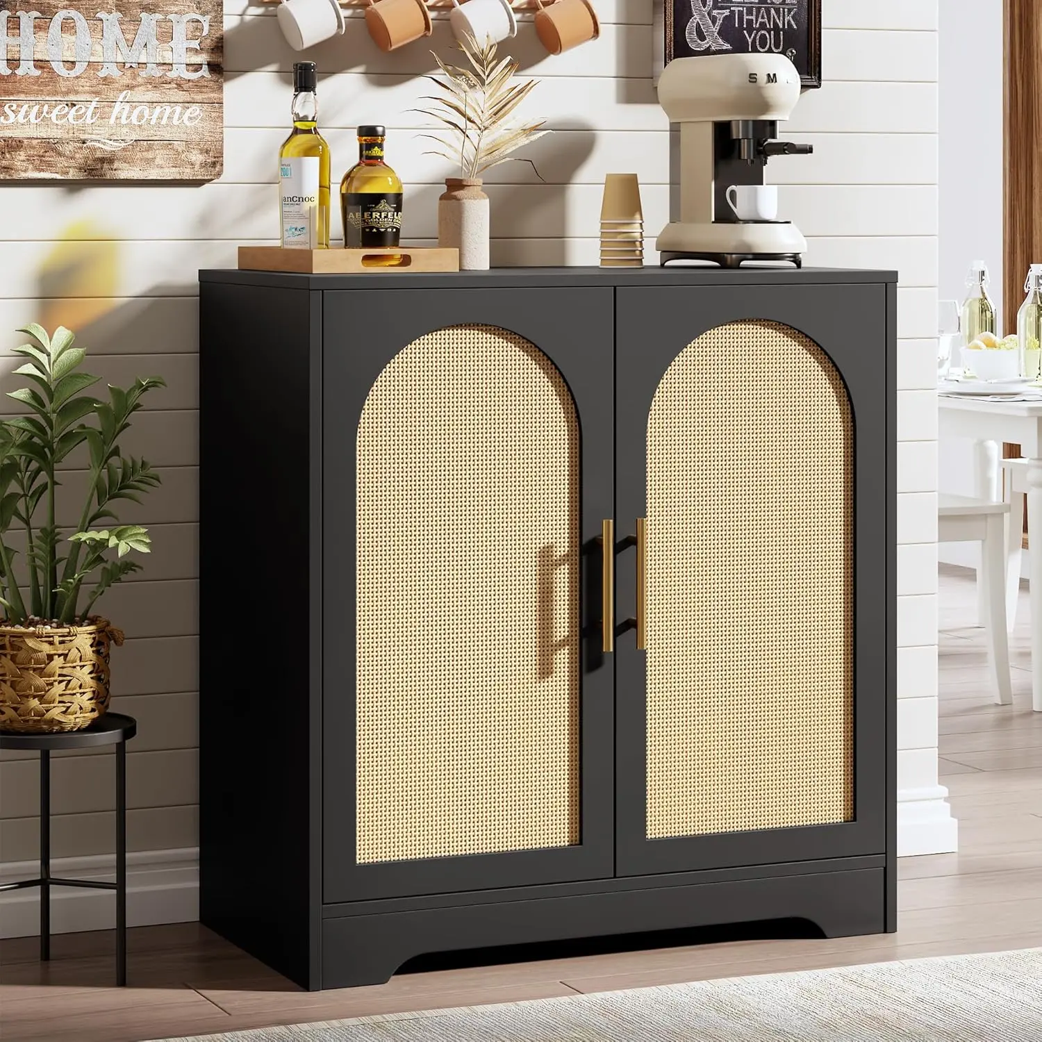 Large Storage Cabinet with 4 Doors - 30" Rattan Sideboard Buffet Cabinet, Modern Console Table Accent Coffee Bar Cabinet for Living Room, Kitchen, Hallway, Dining Room, Entryway
