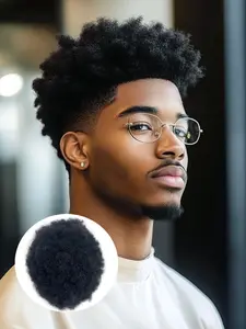 Men's Puff Hair Systems Afro Curly Toupee, Glueless Afro Wig, PU Base Biological Scalp Remy Hair V-looped Men‘s Wigs Fluffy and Bouncy Hairpiece Breathable Puff Hair System(5*7/6*8/8*10 Inch, Black)