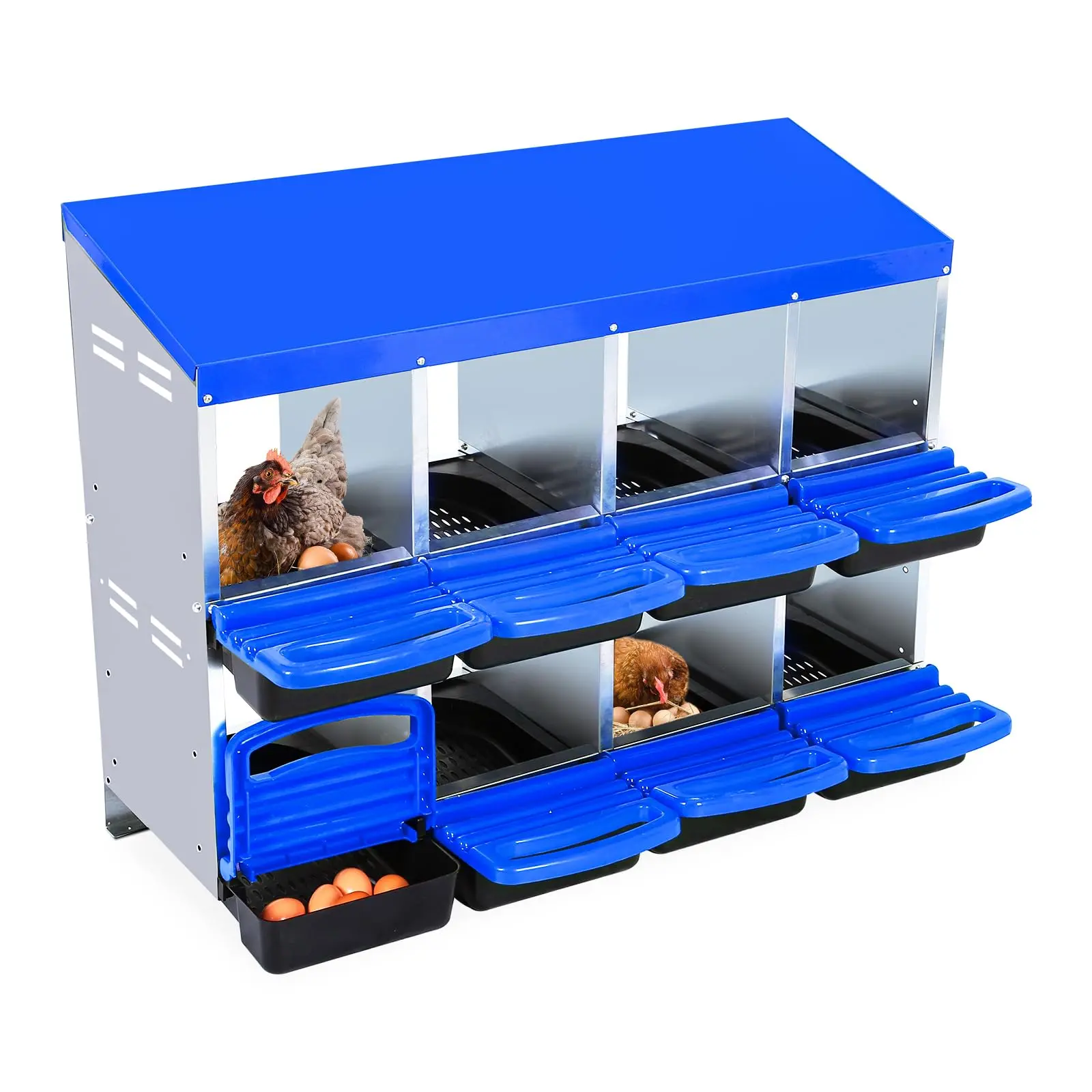 8-Compartment Chicken Nesting Box with Lid Cover, Roll-Away Design for Easy Egg Collection, Durable & Protective - Perfect for Laying Hens, Blue