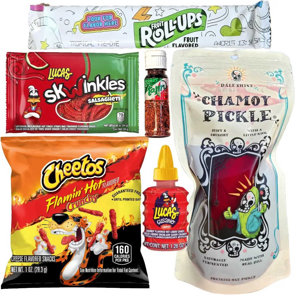 Chamoy Pickle Kit, Hot Cheetos, Popular Mexican Candy, Lucas Gusano, Salsagheti, Mini Tajin, Fruit Roll-Up, Pepinillo De Chamoy 6 Pc Snacks Snack Box Set Sour Chip summerwins