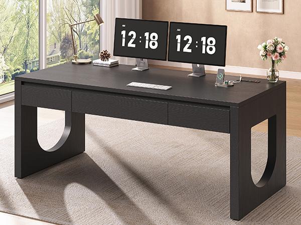 SEDETA Modern Office Desk with 3 Drawers, 55" Executive Desk with U-Shaped Legs, Wood Computer Desk with Power Outlet, Home Office Desks with Relief Texture