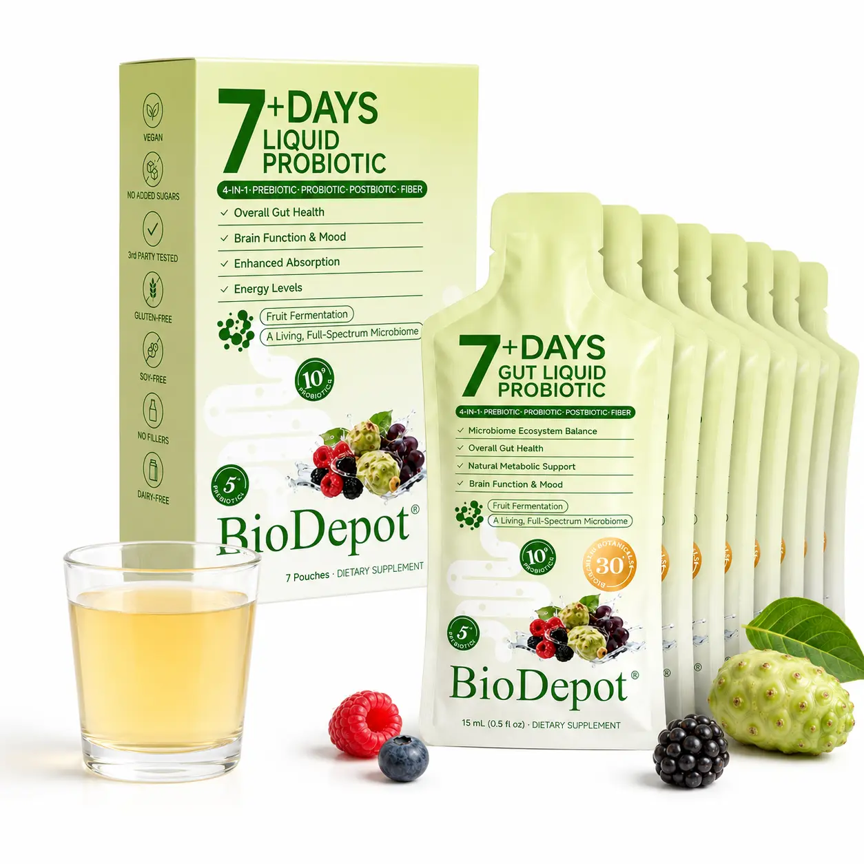 BioDepot Florabiome Liquid Probiotic - 4-in-1 Daily Drink with 7 Pouches, Prebiotic-Rich Formula, Postbiotics, Dietary Fiber to Support Metabolism