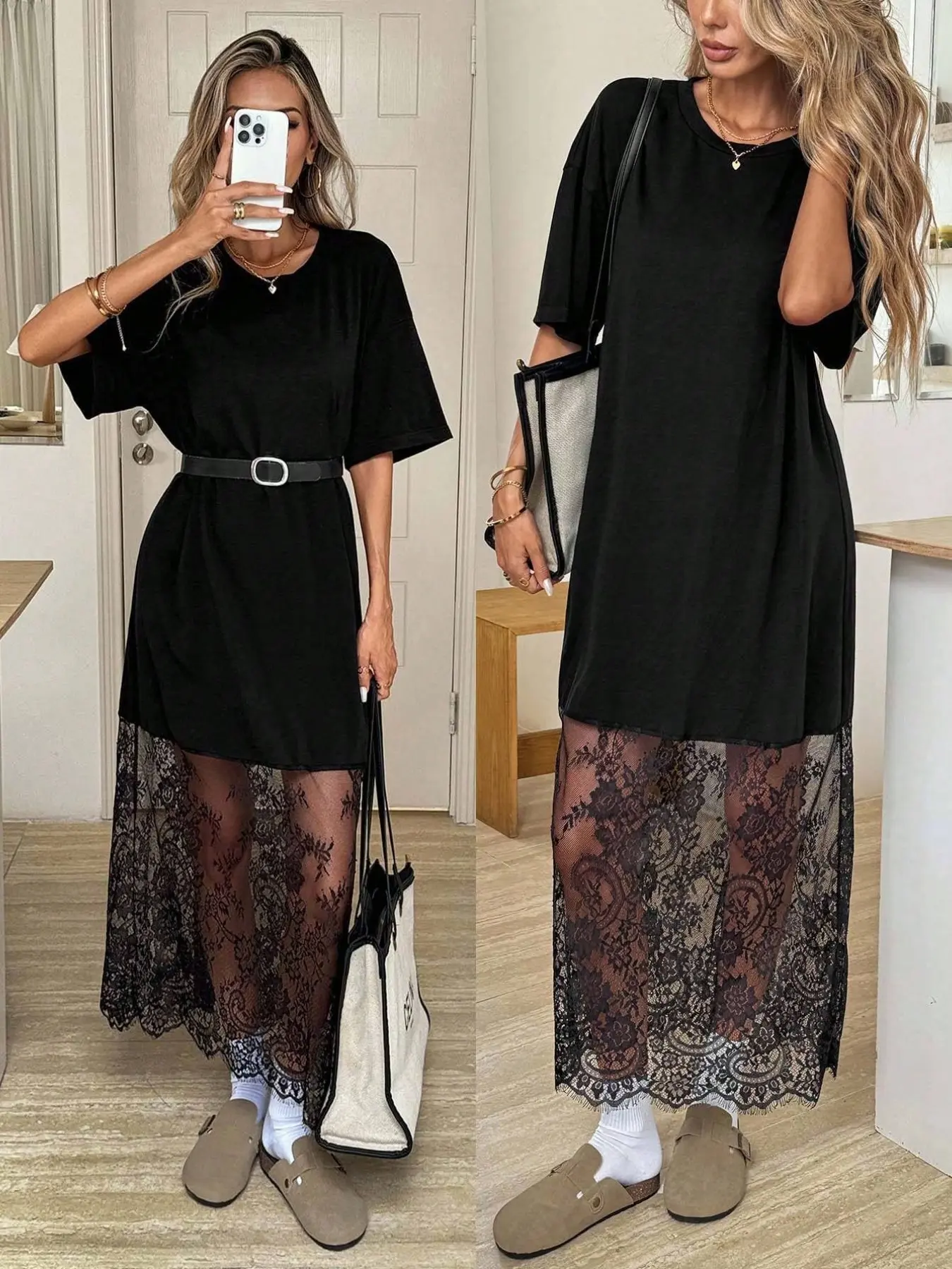 Women's Long Dress with Patchwork Lace Hem, Loose-Fitting Short Sleeve Summer Casual Dress, Comfortable and Versatile Knit Top, Casual Wear