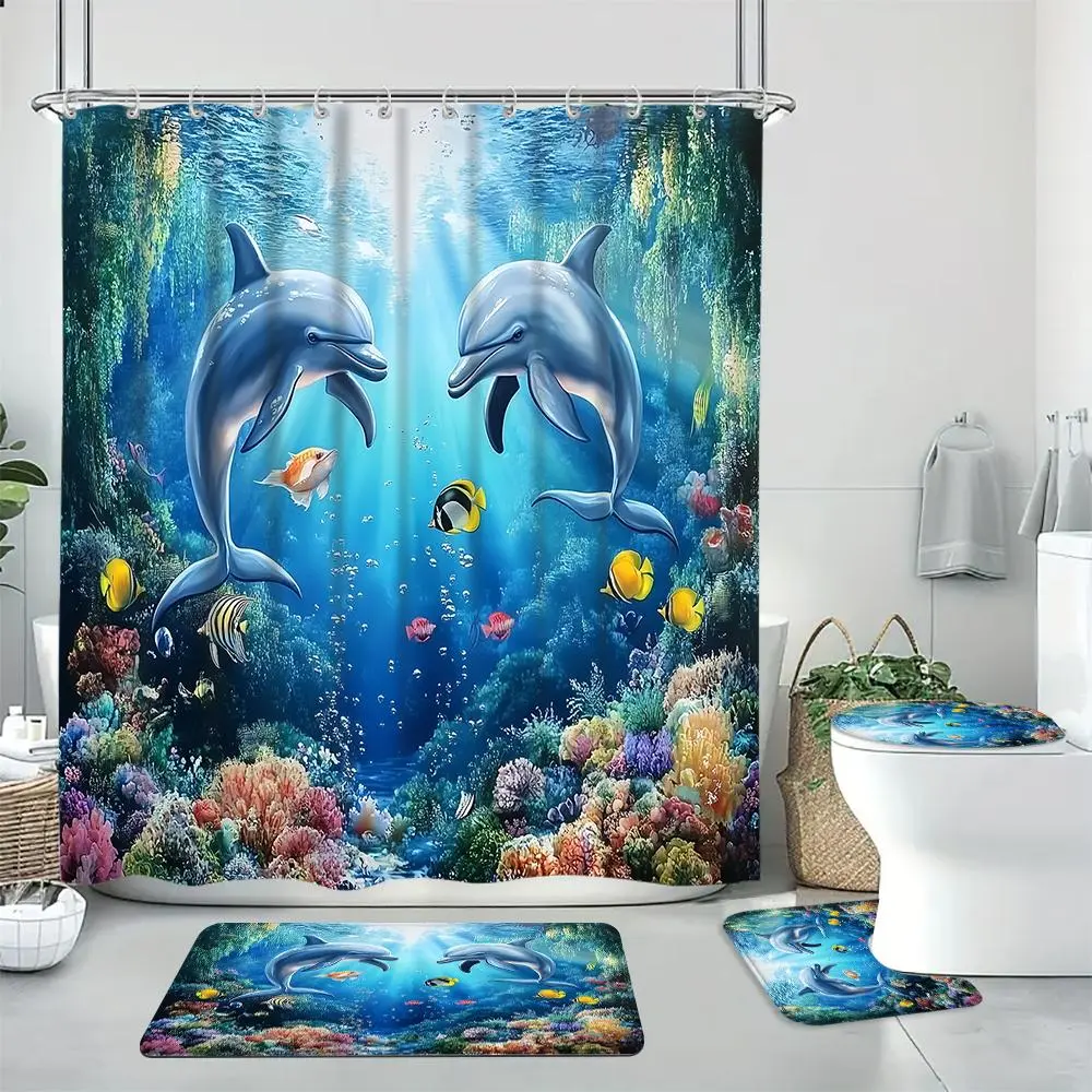 Playful Geometric Dolphin Pattern Bathroom Shower Curtain Set with Hooks, 1-Set Bathroom Accessories Including Shower Curtain, Toilet U-Shape Mat, Bath Mat & Toilet Lid Cover for Home Decor, Accessory