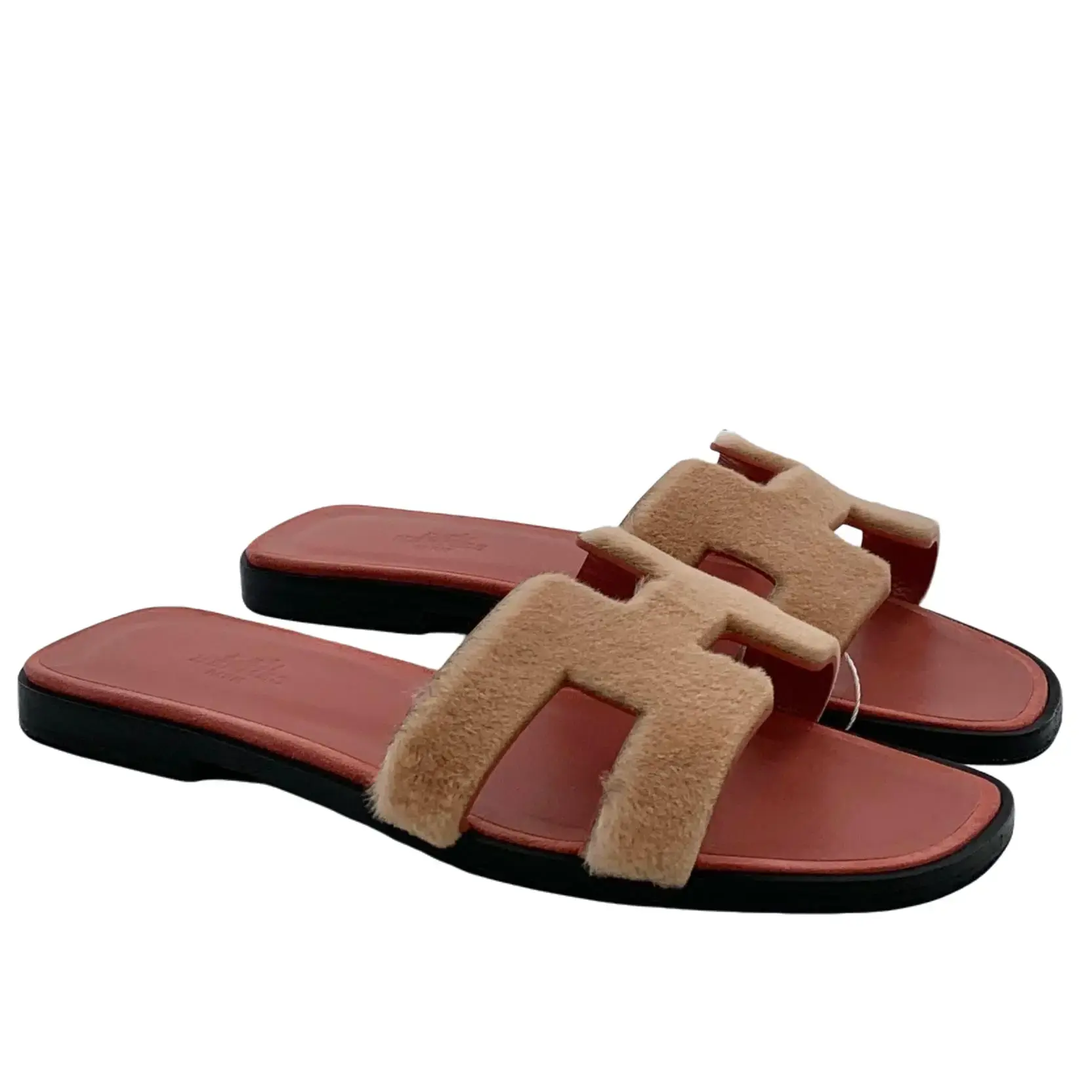 RDLT-Hermes Size 37.5 Oran Color‑Block H Logo Furry Flat One‑Strap Slides-H35675