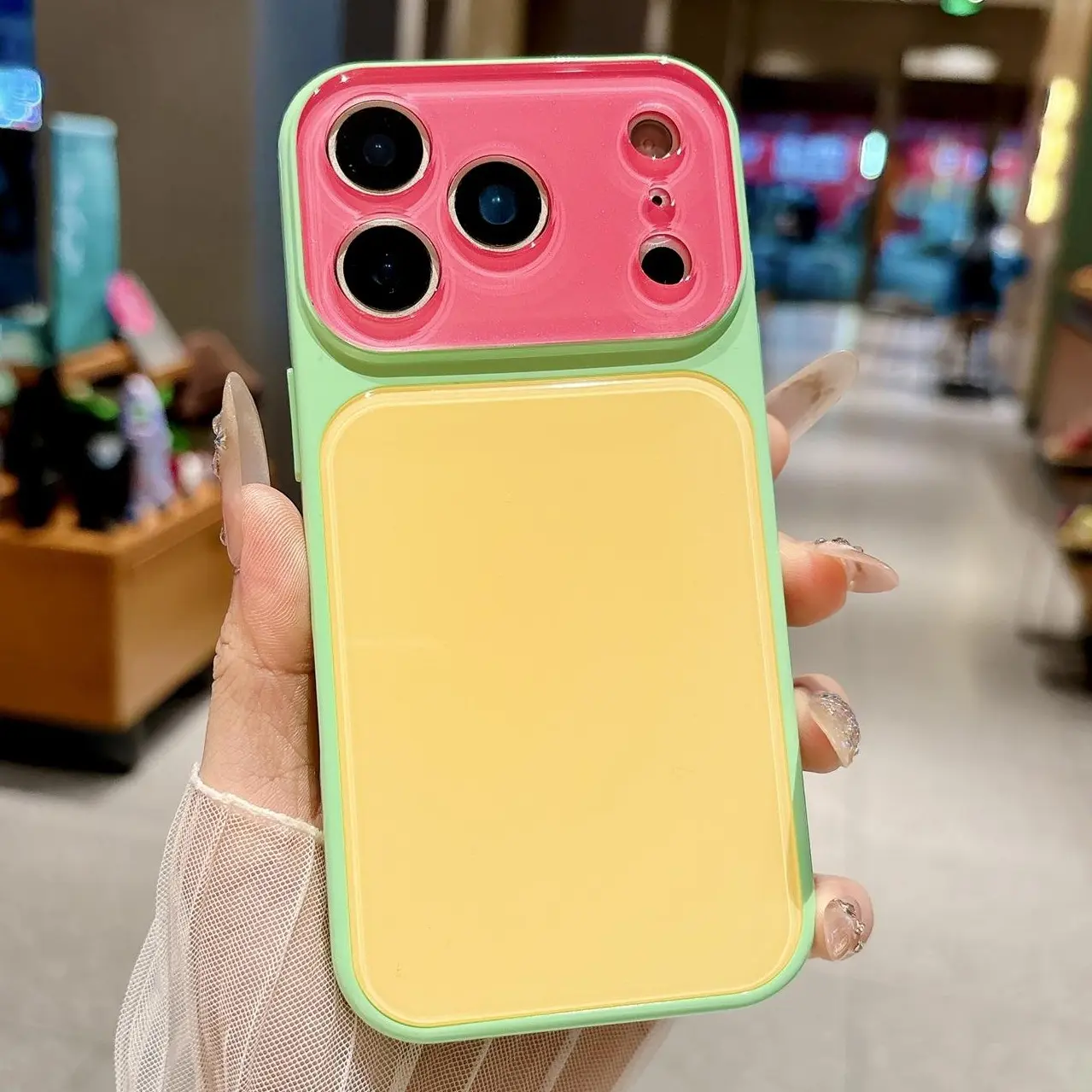 Dopamine Style Color Block Glossy Phone Case for iPhone 17 16 15 14 Pro Max, Contrast Color Hard Back Cover, Shockproof Protection Case for Women Girls