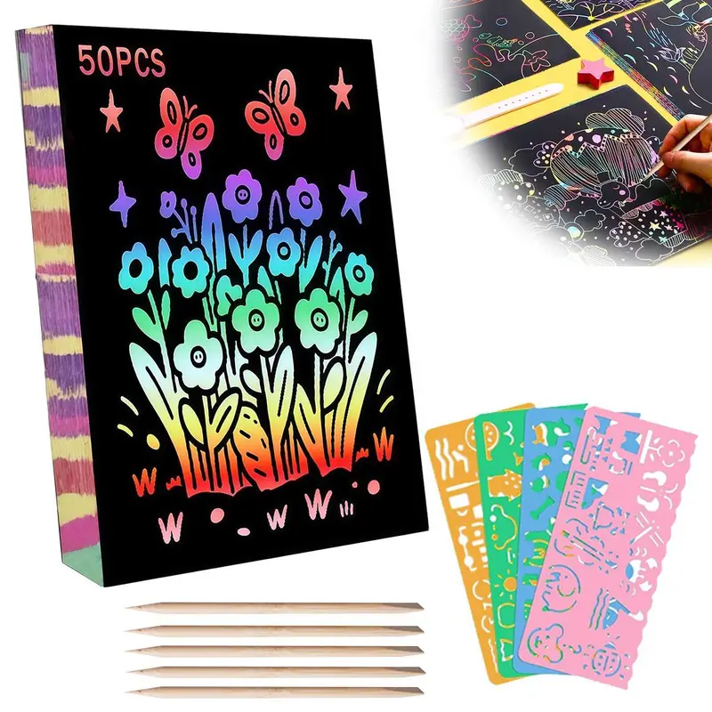 50 Pcs Scratch Art for Kids, Rainbow Scratch Paper, Black Magic Scratch Off Craft Set for 3 4 5 6 7 8 9 10 Years Old Girls and Boys Kids, Party Games Christmas Birthday Easter Gifts