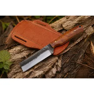 Premium Hand-Forged Railroad Steel Bull Cutter Knife Leather Sheath Included