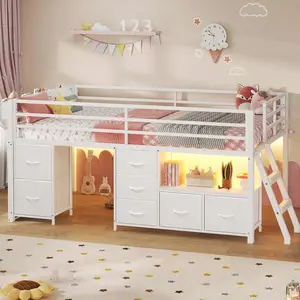 Twin Size Low Loft Bed Unit with 7 Storage Drawers, Built-In Bookcase and LED Lights, White