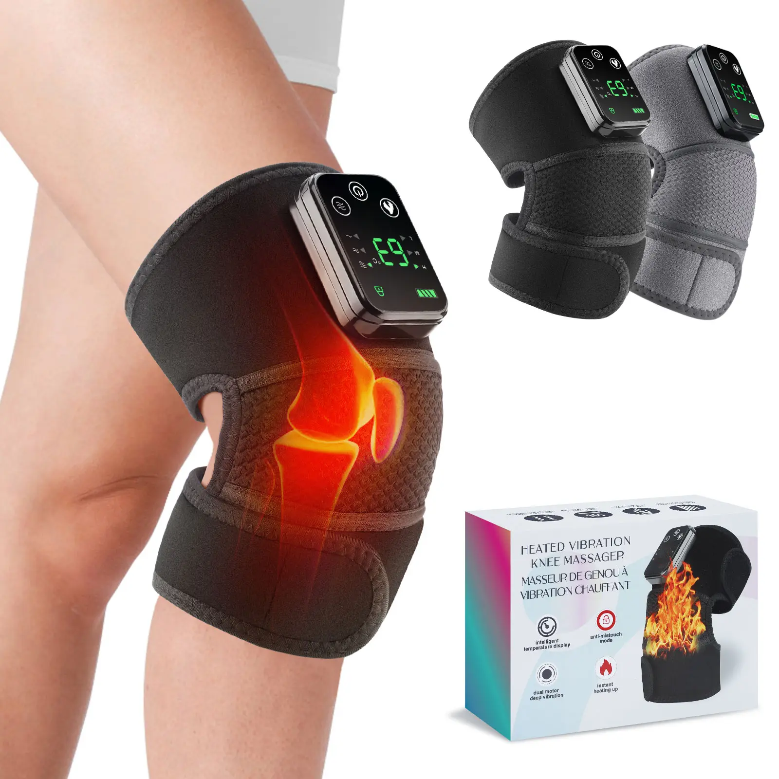 Heated Vibration Knee Massager - Wireless, Heatable, Adjustable Temperature Control, Thermal Pain Relief Physiotherapy Equipment for Knees, Elbows, Shoulders (45°C-70°C), Knee Care