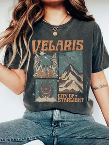 Women's Velaris City Of Starlight Graphic Print Round Neck Tee, Casual Letter Print Short Sleeve T-shirt for Summer, Ladies Clothes for Daily Wear, Top
