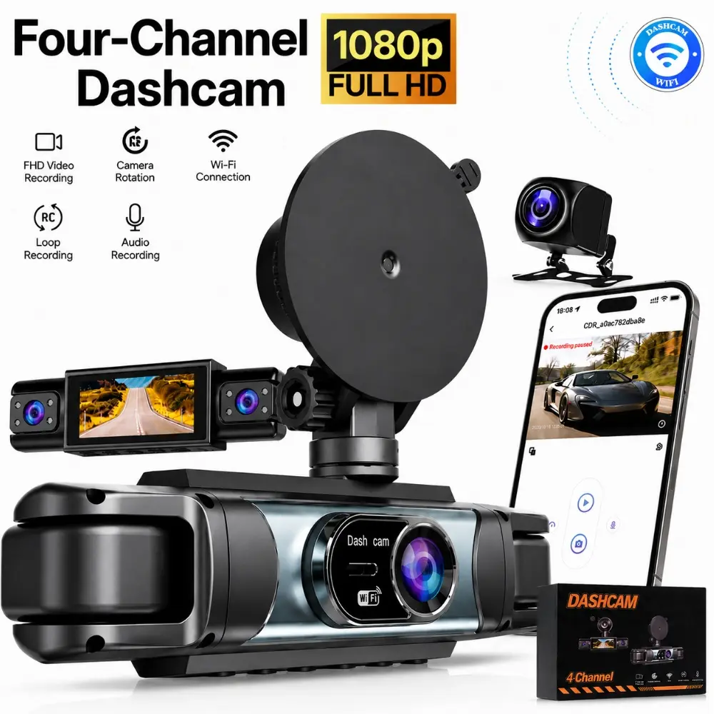 【LensMile】4-Channel 360° Surround View Multi-Lens Car Driving Recorder, 1080P HD, 3.18" IPS Display, 2.4GHz Wi-Fi Enabled Sync, WDR, Motion Detection, Loop Recording, Reverse Assist, Car Safety Camera for Front Rear Inside Left Right, Auto Accessory-YY, W