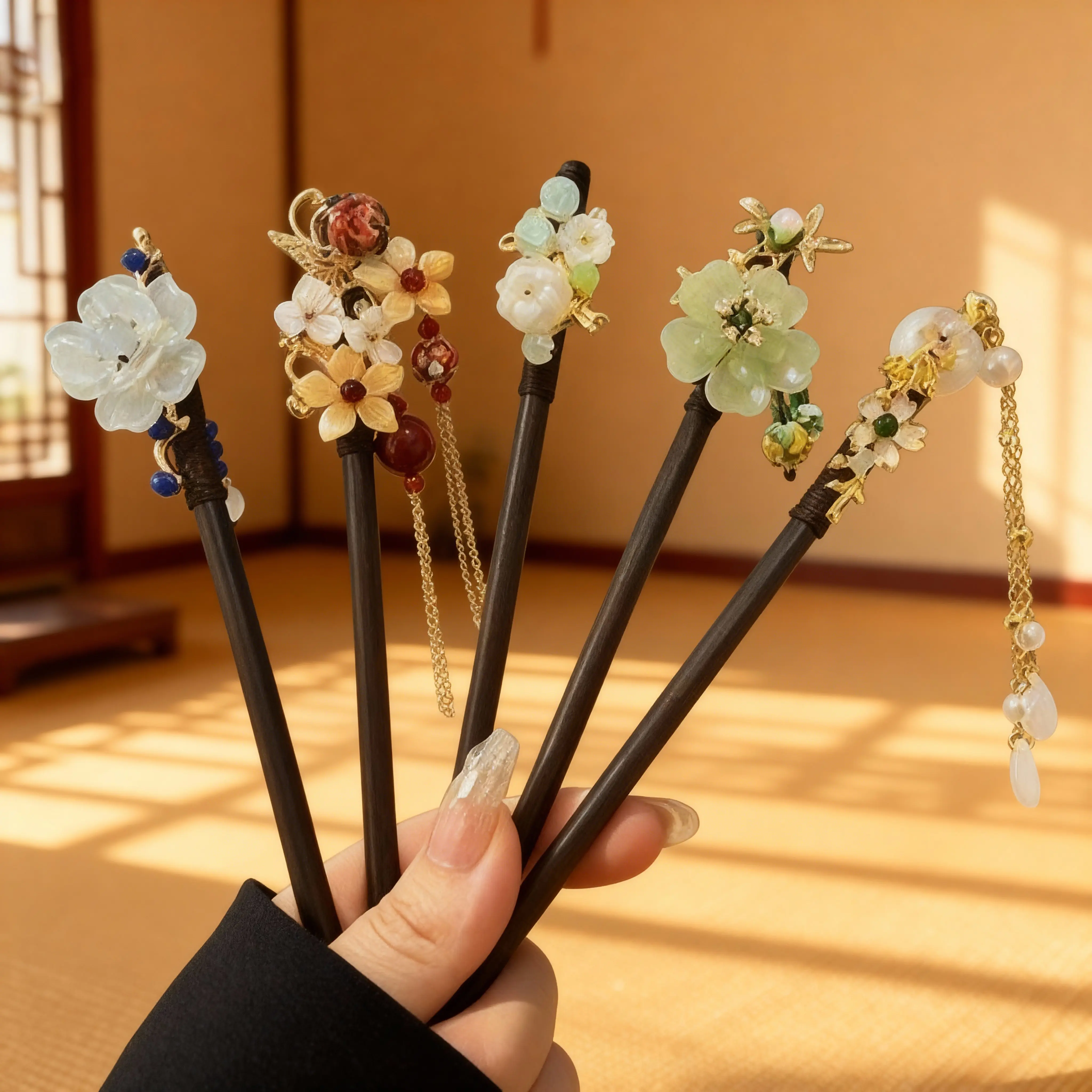 Vintage Wooden Hairpin Set (5PCS) - 15cm Chinese Classical Elegant Copper Coin Carved Clavicular Head Clip, Auspicious for Hanfu Qipao, Engagement Anniversary Casual Occasions, Blue/Pink Gift for Girls, Chinese New Year