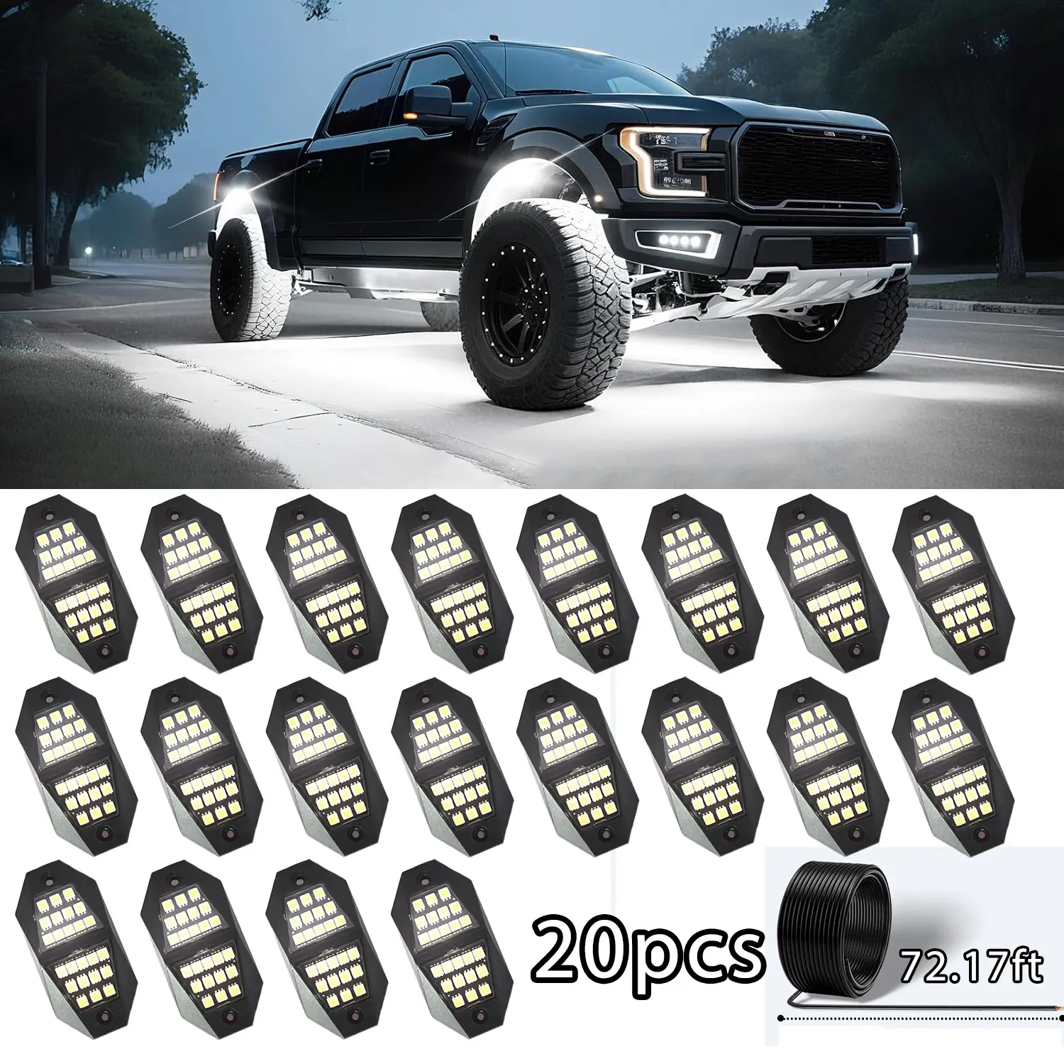 White Rock Lights 4/8/10/12/16/20 Pack – 24 SMD Wide Angle LED, 6000K Pure White, High Bond Adhesive, Hardwired (No Plug), Dual Bevel Design for Truck SUV ATV UTV Trailer