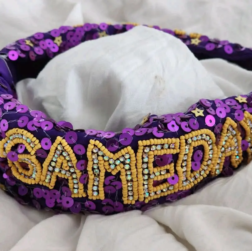 Gameday Headbands - Decorative Purple Design with "GAMEDAY" Text, Featuring Sparkly Accents and Decorative Beads