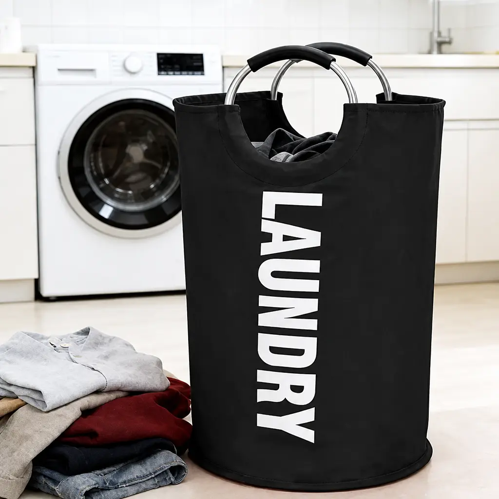 31x15 In Round Laundry Basket, Collapsible Waterproof Moistureproof Fabric Organizer with Handheld Carrying Handle, Single Compartment Large Capacity for Indoor Bedroom Bathroom Household Use, Round Shape