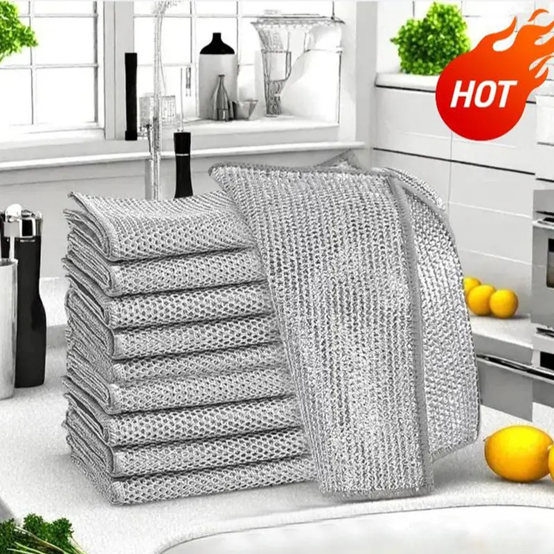 10 pcs Non-Scratch Wire Dishcloth - Multipurpose Wire Dishwashing Rag, 2-Layer Construction, Suitable for Wet & Dry Cleaning, Kitchen Cleaning Cloths for Daily Use, Kitchen Cleaning Supplies, Dish Towels Rags, Dishcloths for washing dishes