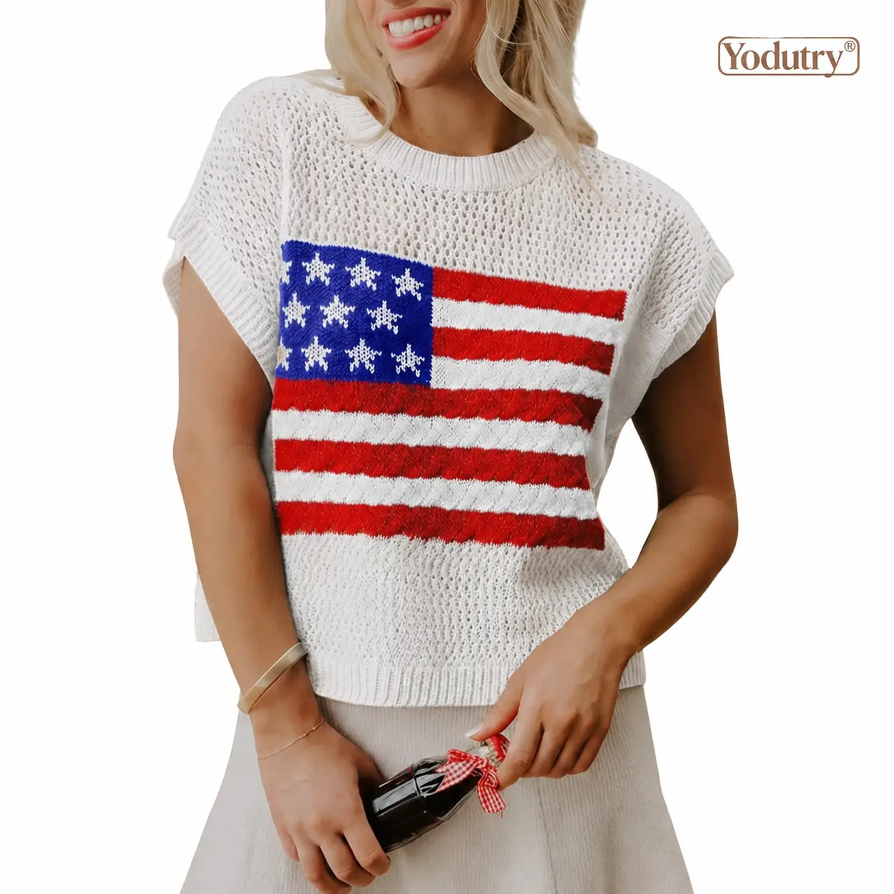 Yodutry | Women's American Flag Crochet Knit Top | Patriotic Short Sleeve Mesh Sweater | Cute Summer Country Festival Outfit