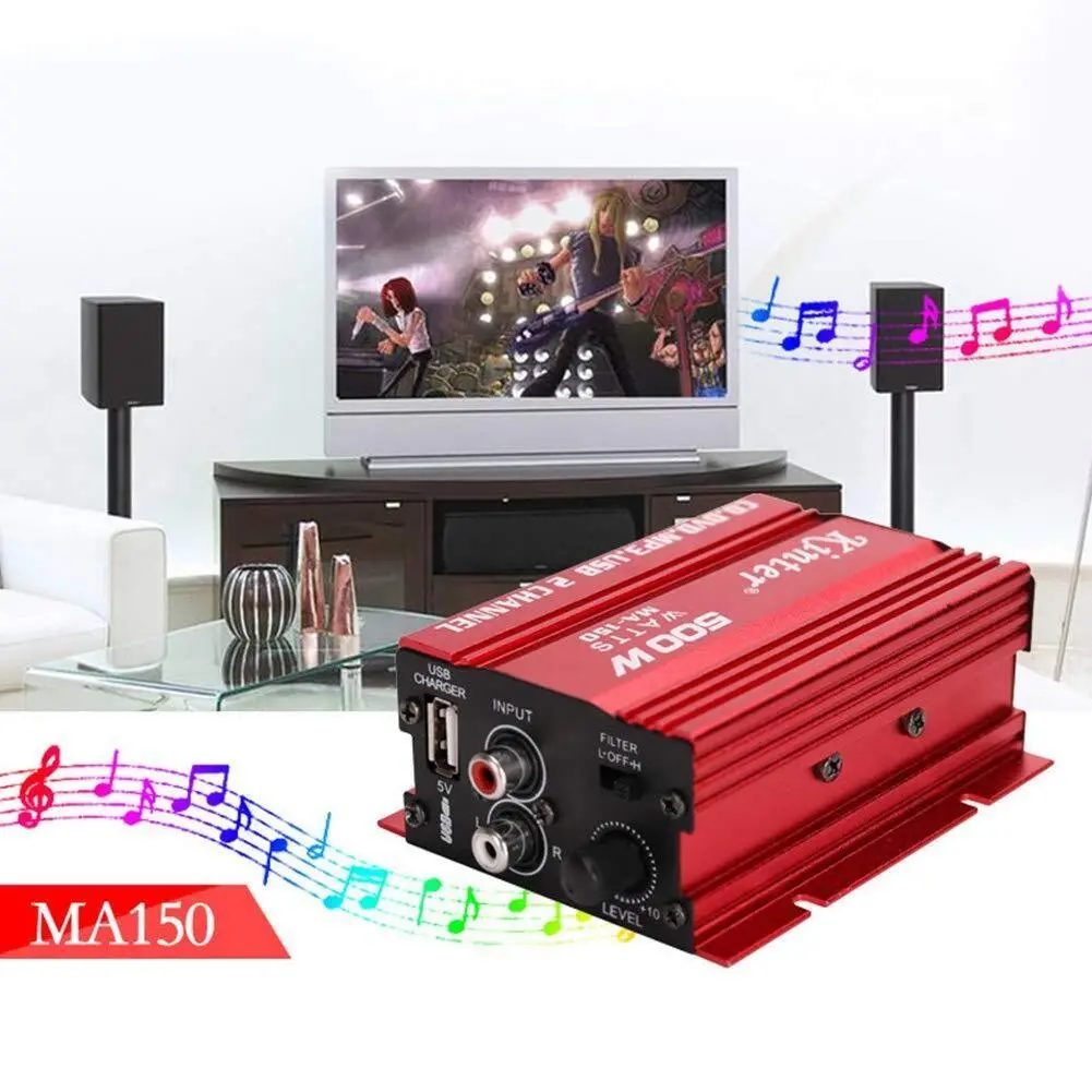 Road Trip Essential 500W 12V Mini Stereo Amplifier 2 Channel Red Aluminum Casing HiFi Bass Subwoofer USB Port Motorcycle Garage Audio Setup