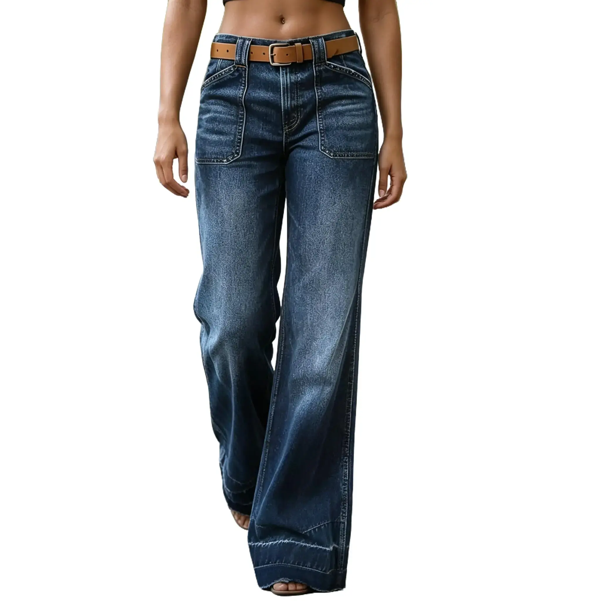 Women's Flamingals Mid-Rise Wide Straight Leg Jeans - Baggy Pocket, Belt-Free, 4-Inseam Options, Everyday Casual Comfortable Loose Pants, Basic Womenswear Bottoms