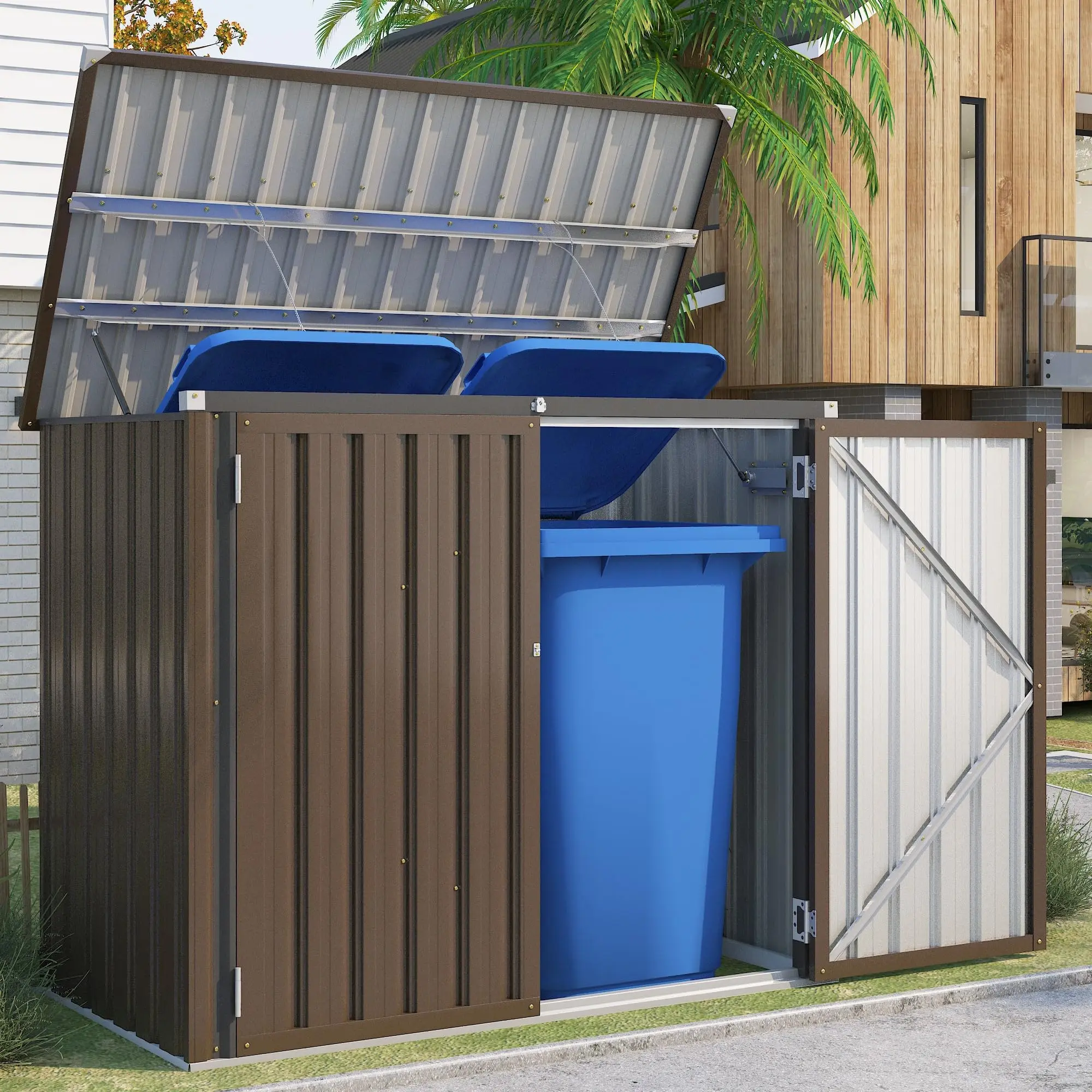 AECOJOY Outdoor Trash Can Storage Box Shed,Waterproof Storage Organizer Cabinet with Independent Lid Hooks & Secure Lockable Double Doors shower caddy Smooth