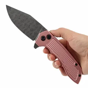TENABLE Christmas Kitchen Cutlery - Button Lock, 3.52in Water Ripple Damascus Steel Blade, Rose Gold Aluminum with Checkered Texture, Nalu Design, Model B1036F4, Water Ripple Damascus&Rose Gold Aluminum
