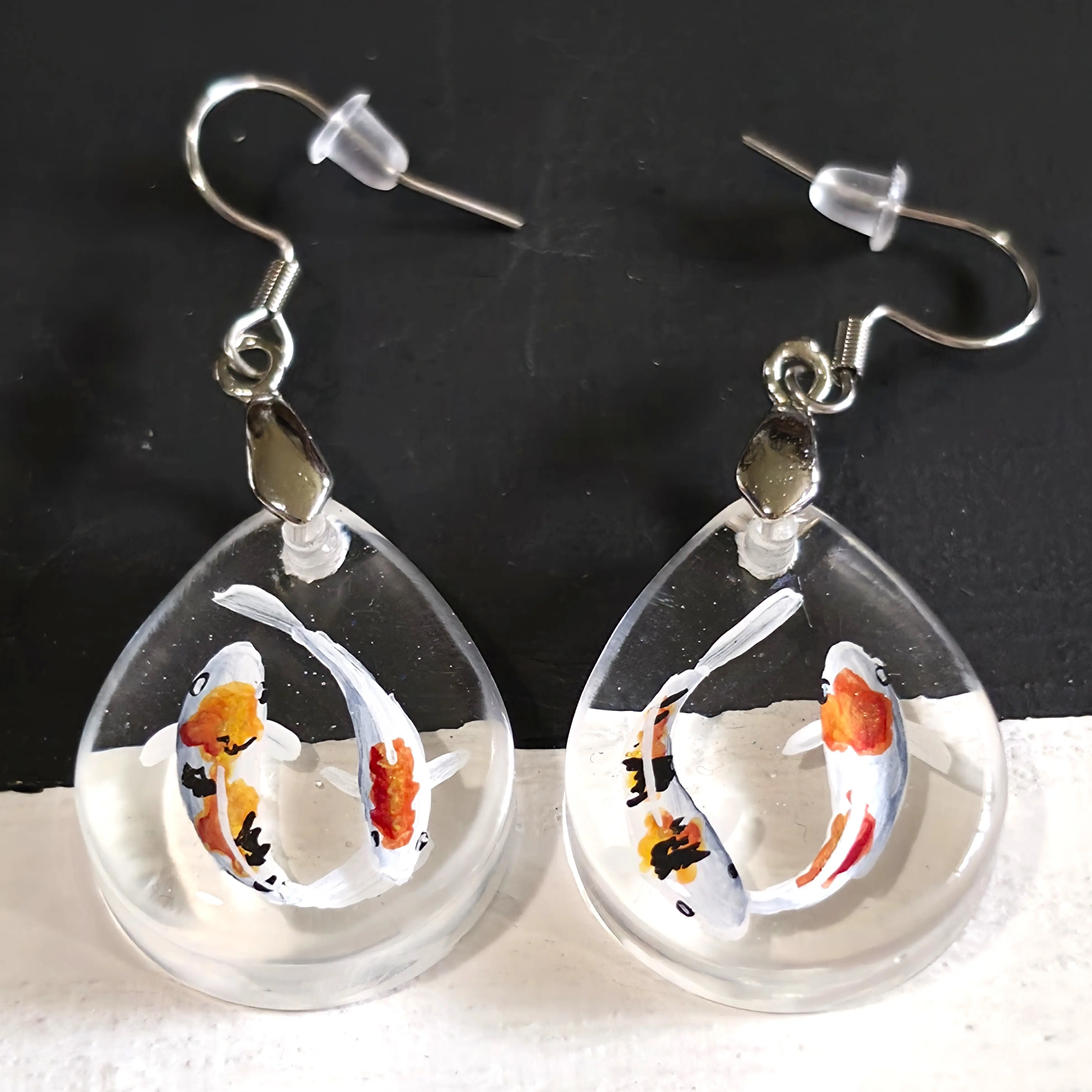 Earrings Resin Painted Koi Fish Clear Lightweight Surgical Stainless-Steel Hook Handmade
