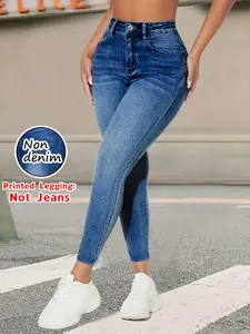 Women's Faux Denim Printed High Waist Pants, Fashionable Elastic Tight Fit, Sporty Casual Long Pants Womenswear for All Seasons