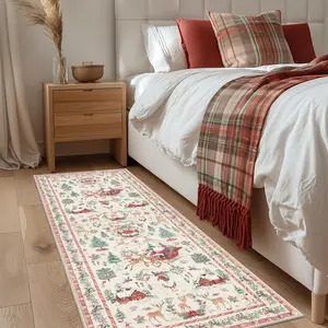 Christmas Bedside Carpet, American Vintage Ethnic Style Long Rug, Reindeer Santa Holiday Home Decor, Soft Comfortable Plush Foot Pad