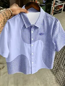 American Street Style Men's High-Street Deconstructed Patchwork Shirt, Blue Checkered + Solid Color + English Logo, Loose Fit, Summer Top