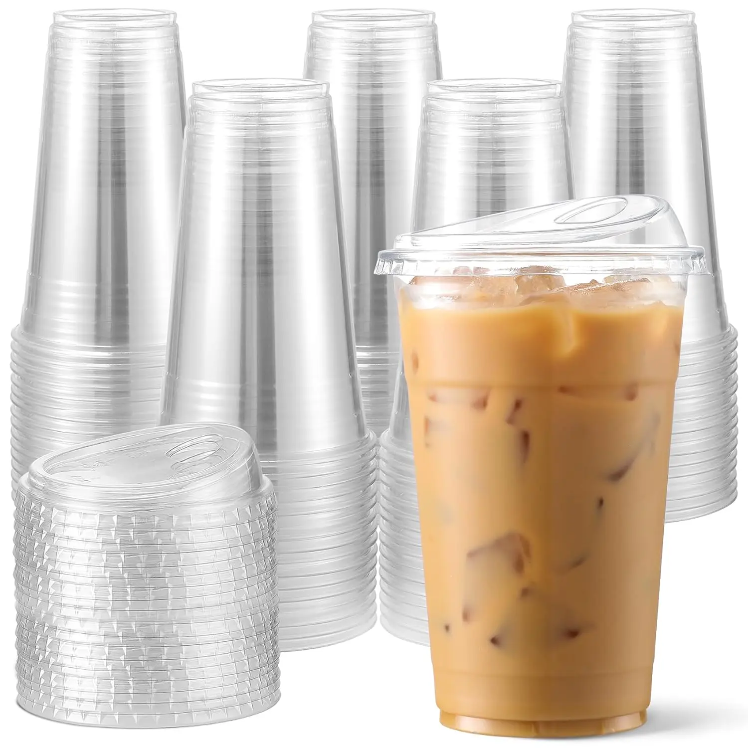 100 Pack 16 oz Plastic Cups With Strawless Sip Lids BPA Free Disposable Clear To Go Cups for Iced Coffee Smoothies Party Drinks Bubble Tea Cold Beverage