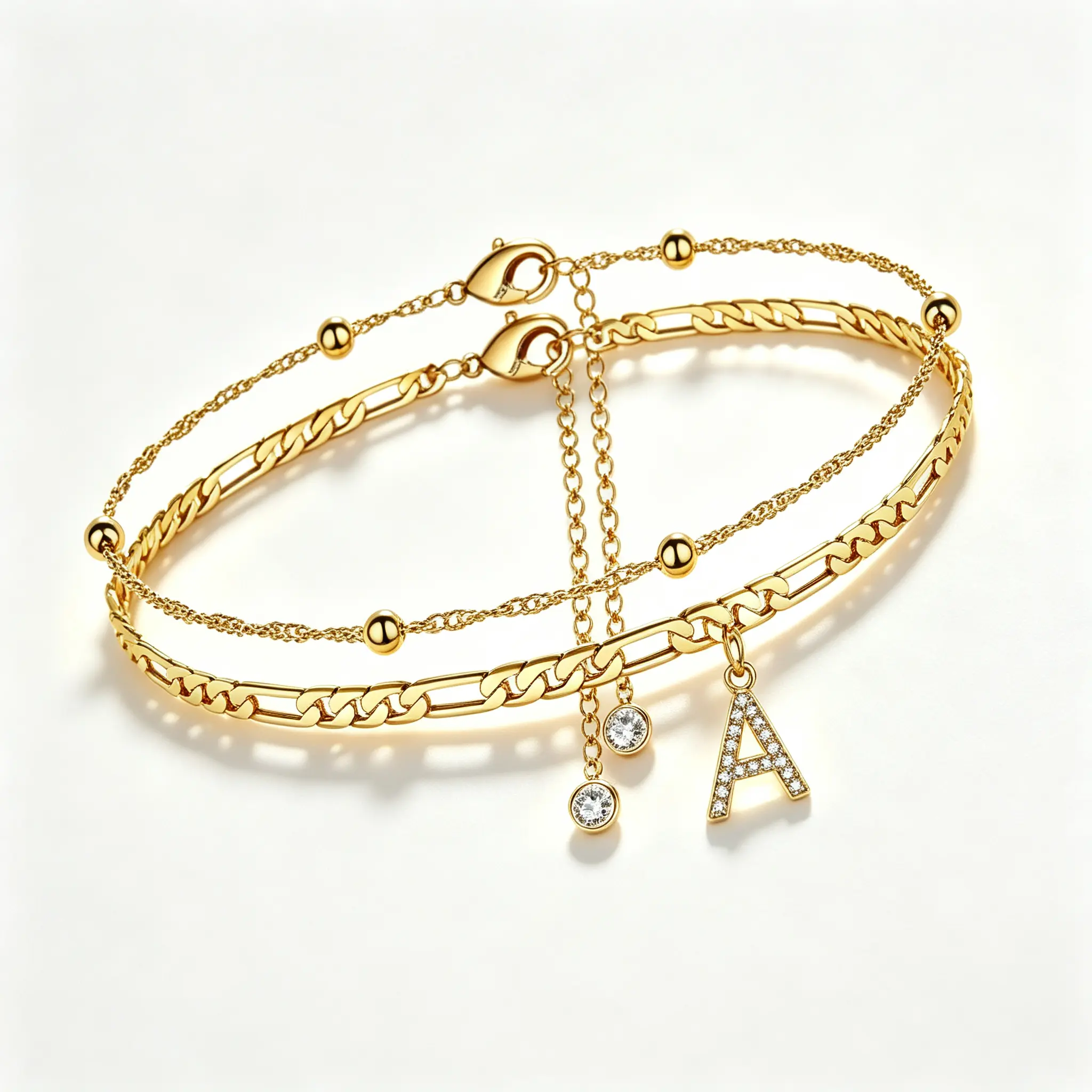 Women's 2-Pieces Gold Layered Chains Initial A Jewelry Set, Sparkling Rhinestone Letter A Pendant, Adjustable Multi-Use Wrist/Ankle Accessory, Dainty Stackable Chain, 23cm+5cm Extension, Ideal Birthday Gift