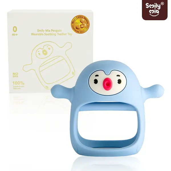 Smily Mia Penguin 3-in-1 Teething Toy – No Drop Teether Mitten & Pacifier for Infants 0-6 Months, Soft Chewable, FDA Certified, Food Grade Silicone Teether, Safe Anti-Choking Design,Teething Pain Relief, Fidget Baby Sensory Toy