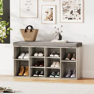 Cushioned Entryway Shoe Bench with 3-Tier Adjustable Shelves & 10 Cubbies, Space-Saving Shoe Organizer Cabinet, Sturdy Storage Furniture for Hallway Bedroom Living Room, Grey & Vintage Finish