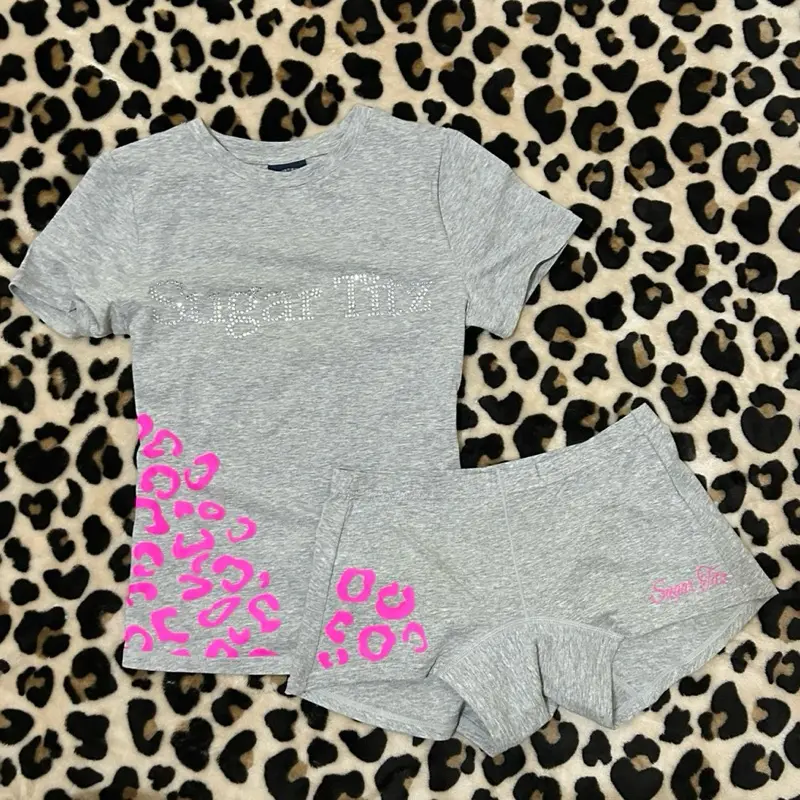 Women's Grey/Silver/Pink Rhinestone Leopard Print Loungewear Streetwear Two-Piece Set Stylish Comfortable Lounge Wear with Glamorous Rhinestone Accents