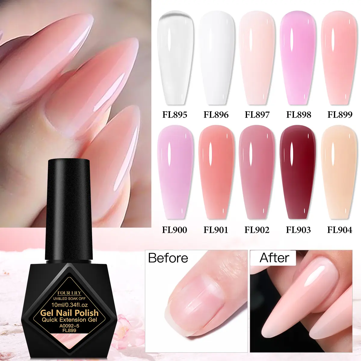 FourLily 10ML Jelly Nail Extension Gel, Alcohol-Free Formula for Nails, Long-Lasting & Smooth Application, DIY Nail Care, Gel Manicure, Manicure Gels, Creamy Building Nail Gel, Nail Polish Gel, Beauty Product, Sleek Bottle Design, LED/UV Lamp Curing