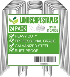 24 Pack Garden Stakes, U-Shaped Tent Stakes, Galvanized Landscape Staples, Ground Stakes, for Landscaping Securing Weed Barrier Fabric, Irrigation Tubing, Holding Fence, Tarpaulin